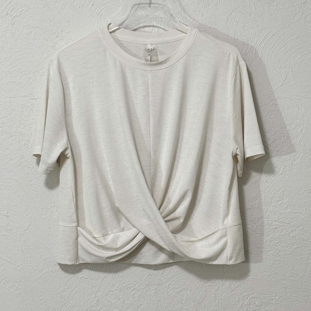 CALIA Twist Front Top Womens Small Eggshell Short Sleeve Slub Knit Cropped Tee